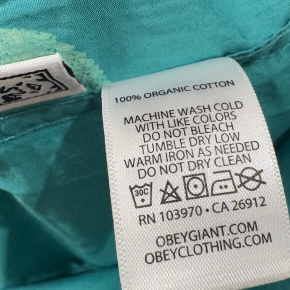 Obey 100% Organic Cotton Bubble Mens Turquoise Teal Blue Button Up Shirt L - Picture 11 of 11